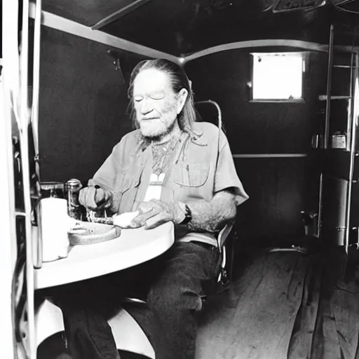 Prompt: willie nelson having a smoke in his trailer.