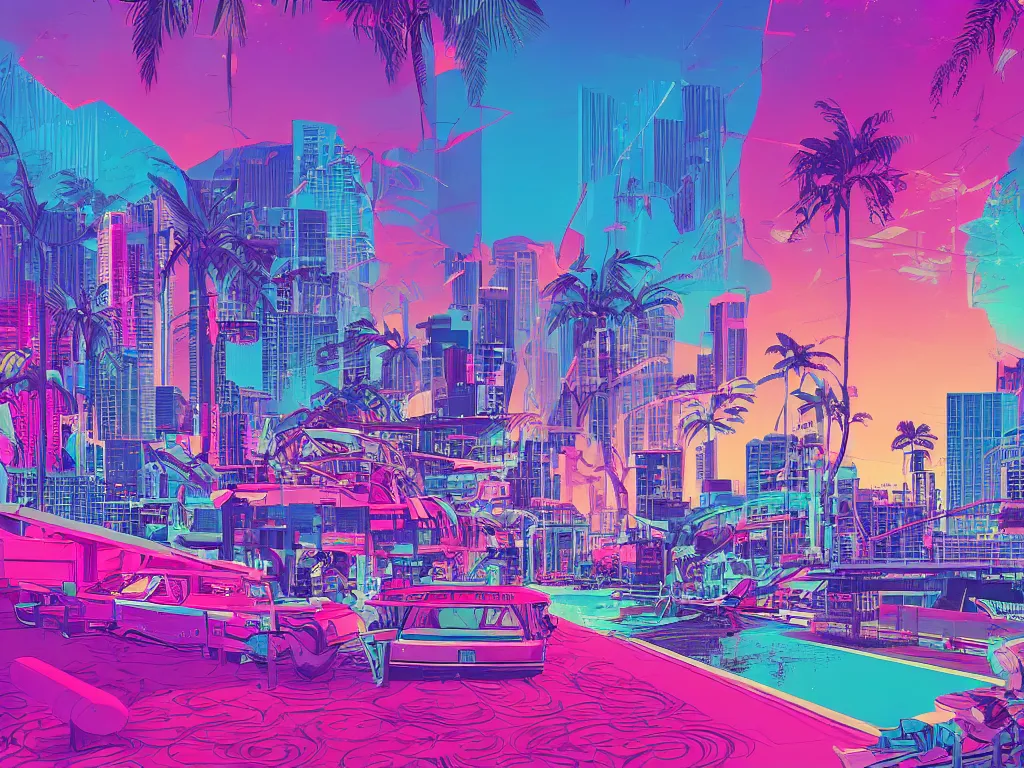 Prompt: 80s Vice city synthwave Miami landscape, artstation winner by Victo Ngai, Kilian Eng and by Jake Parker, swirly vibrant color lines, winning-award masterpiece, fantastically gaudy, aesthetic octane render, 8K HD Resolution