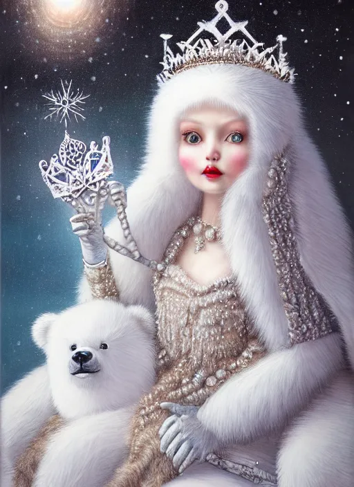 Image similar to highly detailed closeup portrait of an eskimo snow, ice princess wearing a crown and sitting on an ice throne surrounded by fluffy bears, nicoletta ceccoli, mark ryden, lostfish, earl nore, global illumination, god rays, detailed and intricate environment