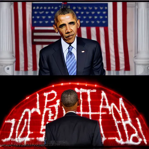 Prompt: Obama eyes are red flashlight glowing eyes, hell flames are burning behind Obama, 40nm lens, 4k,