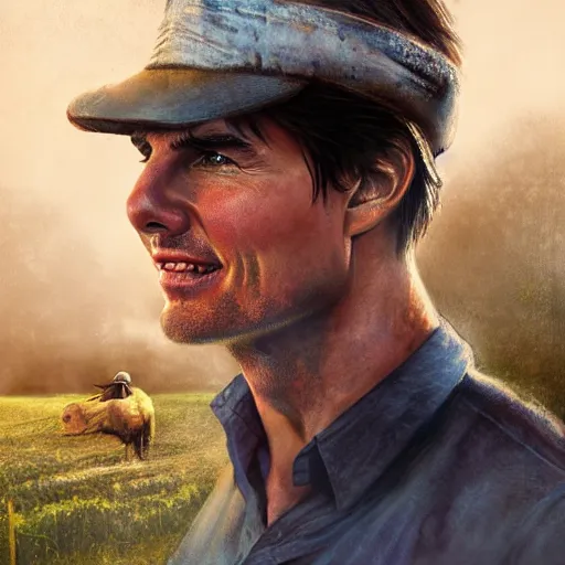 Prompt: Tom Cruise as a farmer, high resolution fantasy concept art, realistic, intricate details, soft lighting