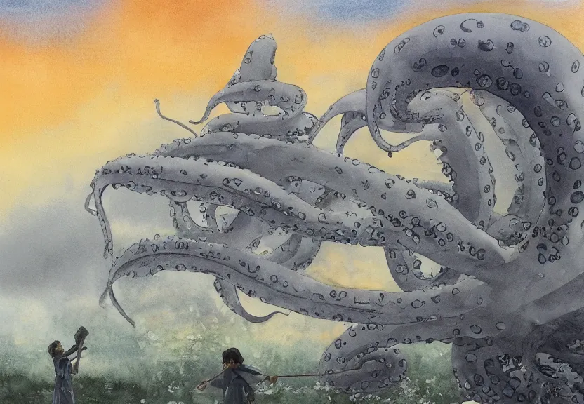 Prompt: a hyperrealist watercolor concept art from a studio ghibli film showing one giant grey octopus. a temple is under construction in the background in india on a misty and starry night. by studio ghibli. very dull muted colors