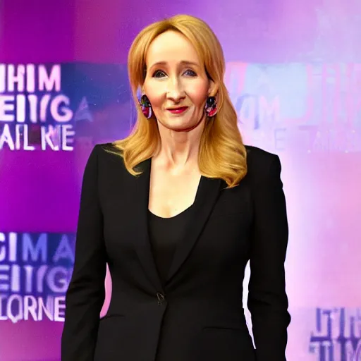 Prompt: JK Rowling starting terrified at a trans flag