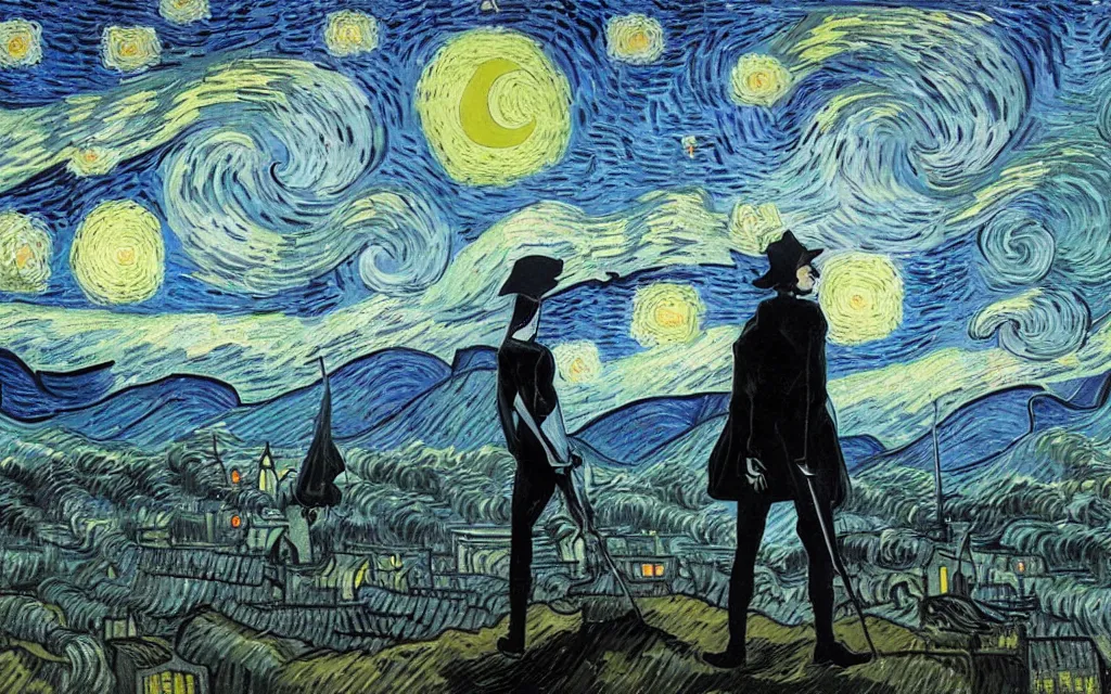 Prompt: the sandman from graphic novel, looking out over for a new cosmic adventure, with a sense of nostalgia and longing by vincent van gogh and tyler edlin