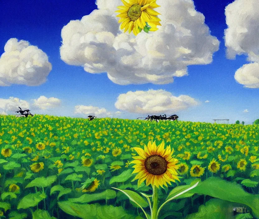 Image similar to a very detailed painting of a sunflower field, baby blue sky with very aesthetic stylized clouds, there is an ad billboard on the field, cows are on the field, an ufo is in the air, the ufo beams up a cow with a green light beam, in the style of edward hopper and hugo pondz, very fine brushstrokes, 4 k,