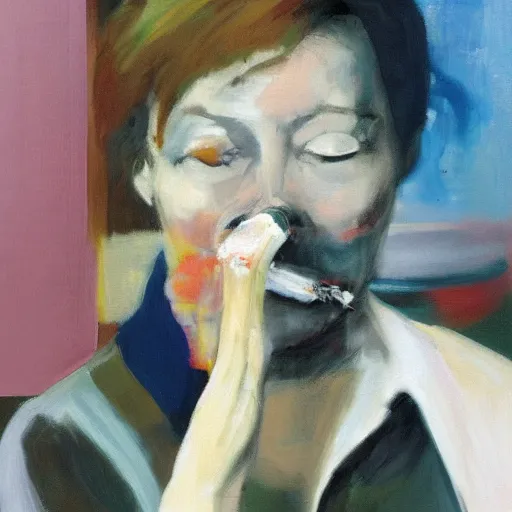 Image similar to overpainted portrait of a tired woman smoking a cigarette in a diner by gerhard richter