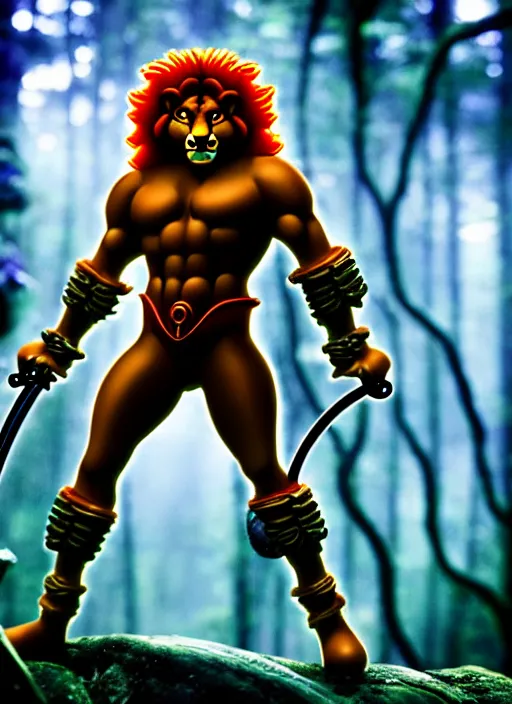 Image similar to intricate Lion-O from Thundercats, with sword, on the background of a weird magical mechanical forest. Very detailed 8k. Fantasy. Sharp. Cinematic post-processing