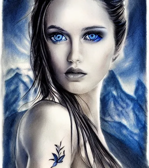 Image similar to tattoo design sketch of a beautiful blue - eyed woman face with a faded background of beautiful mountains and nature on her side, hyper - realistic, in the style of den yakovlev, amazing detail, black and white