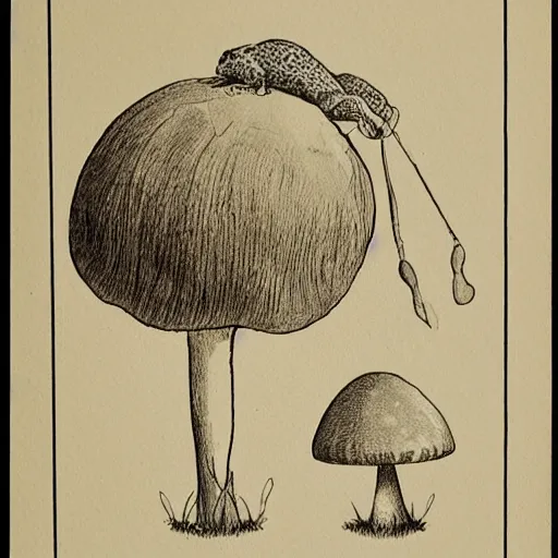 Prompt: botanical technical drawing of a rabbit sitting near a toadstool mushroom :: Cottage core :: fine detailed :: line art :: lithography :: ink detail and color