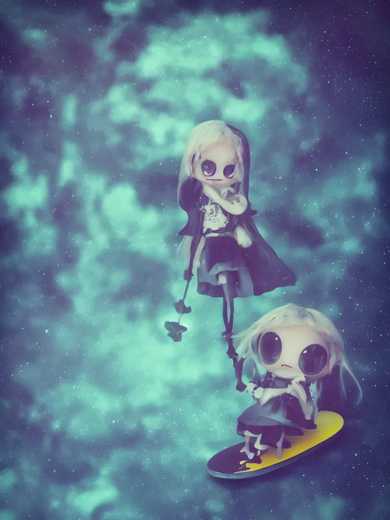 Image similar to cute fumo plush gothic maiden alien girl riding on a surfboard in the dark galactic abyss, hearts, vignette, vray