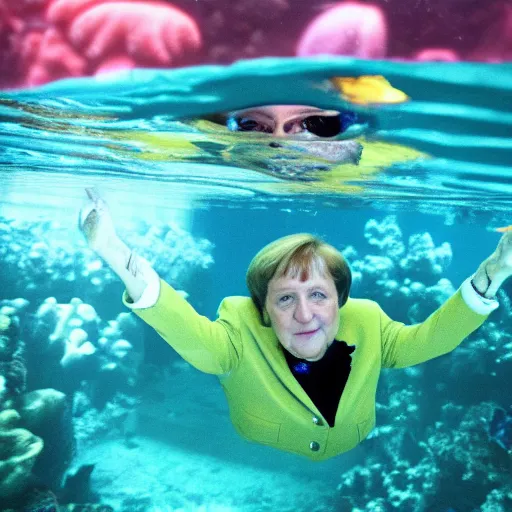 Image similar to angela merkel under water dives through a coral reef, 8k photography