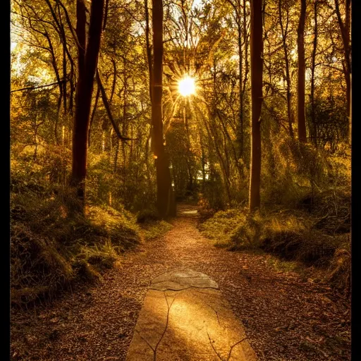 Prompt: woodland path golden hour wide angle, between the trees on the left is a portal to another land with bright sunlight inside, a silhouette of a humanoid stands in the portal, highly textured, adventurous