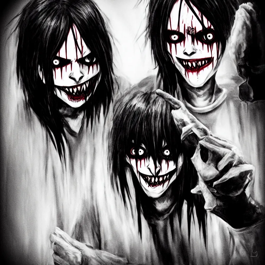 Image similar to jeff the killer sneaking through your window at night with devious intent, his smile is very wide, vivid lighting, highly detailed, hyper realistic, many colors