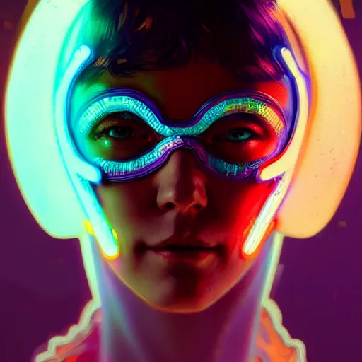 Image similar to A girl wearing a glowing colorful rave mask, face, detailed, intricate, elegant, highly detailed, digital painting, artstation, concept art, smooth, sharp focus, illustration, art by Krenz Cushart and Artem Demura and alphonse mucha