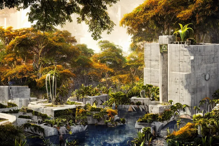 Prompt: brutalist futuristic white Aztec structures, manicured garden of eden, pools and streams, tropical foliage, birds, sculpture gardens, Autumn, by Jessica Rossier and Brian Froud