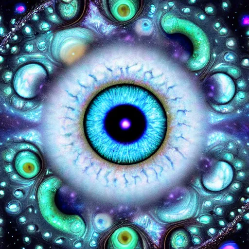 Image similar to an eyeball that contains multiple galaxies within the pupil, surrounded by a sea of iridescent pearls, in a dreamlike atmosphere, beautiful, dazzling, ultra hd 4k fractal intricate high detail render, high quality resolution