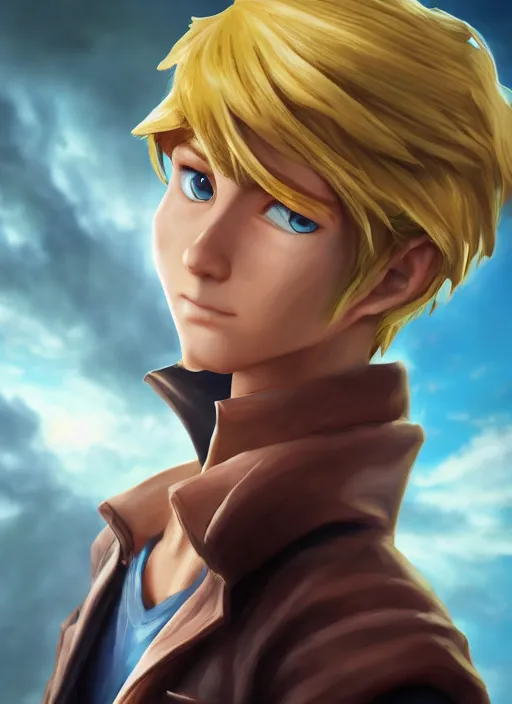 Prompt: An epic fantasy comic book style portrait painting of a young blonde boy thief, yu-gi-oh style, unreal 5, DAZ, hyperrealistic, octane render, cosplay, RPG portrait, dynamic lighting