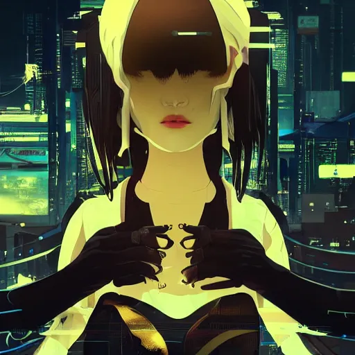 Prompt: Frequency indie album cover, luxury advertisement, golden filter, golden and black colors. highly detailed post-cyberpunk sci-fi close-up cyborg assassin schoolgirl in asian city in style of cytus and deemo, mysterious vibes, by Ilya Kuvshinov, by Greg Tocchini, nier:automata, set in half-life 2, beautiful with eerie vibes, very inspirational, very stylish, with gradients, surrealistic, dystopia, postapocalyptic vibes, depth of filed, mist, rich cinematic atmosphere, perfect digital art, mystical journey in strange world, beautiful dramatic dark moody tones and studio lighting, shadows, bastion game, arthouse