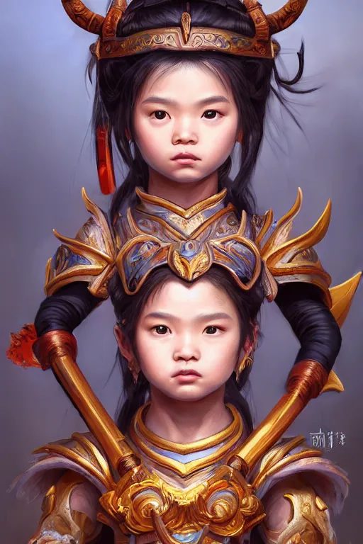 Image similar to a masterpiece portrait of nezha, handsome kid wear holding spear, fantasy character portrait, hyper detailed, digital painting, 8 k realistic, trending on artstation, sharp focus, dof, by ne zha ( 2 0 1 9 ), fenghua zhong, artgerm, ne zha from smite, tsuyoshi nagano, top lighting