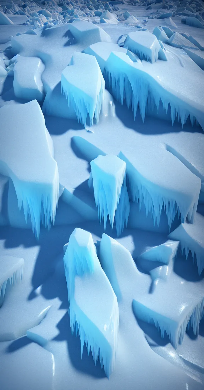 Image similar to realistic photo of ice mountains are melting due to global warming effects, very sharp focus, 3 d octane render, in the style of greg rutswoski, very hyper realistic, highly detailed, fantasy art station