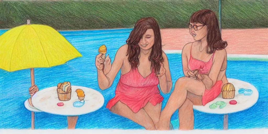 Prompt: colored pencil drawing of two women eating ice cream at the pool, one has two scoops of rainbow sherbet and the other has a huge waffle cone of vanilla