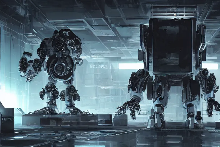 Image similar to parallax datacenter server room single mono colossus white rusty android robosaurus guard in artstation cinematic detailed concept art volumetric light sharp coherent cgsociety symmetric perfect server equipment