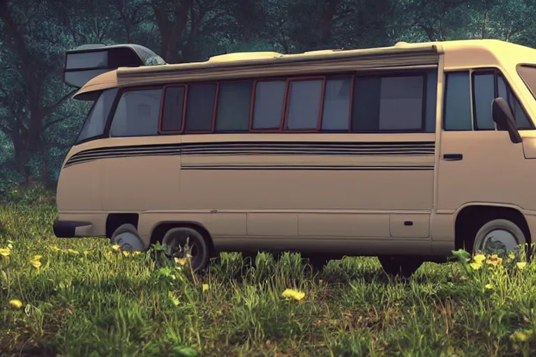 Prompt: a wholesome animation key shot of!! one!! focused! 1 9 9 4 fiat hymer motorhome! in the romanian countryside, medium shot, studio ghibli, ( ( pixar ) ) and disney animation, sharp, very detailed, high resolution, rendered in unreal engine 5, anime key art by greg rutkowski, bloom, dramatic lighting