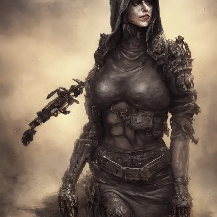 Image similar to beautiful apocalyptic woman in hooded cloak, standing on mad max panzer tank, hyper-detailed, smooth, sharp focus, 4k ultra hd, fantasy dark art, tank girl, artgerm, artstation, octane render, elegant, detailed digital painting, apocalyptic art