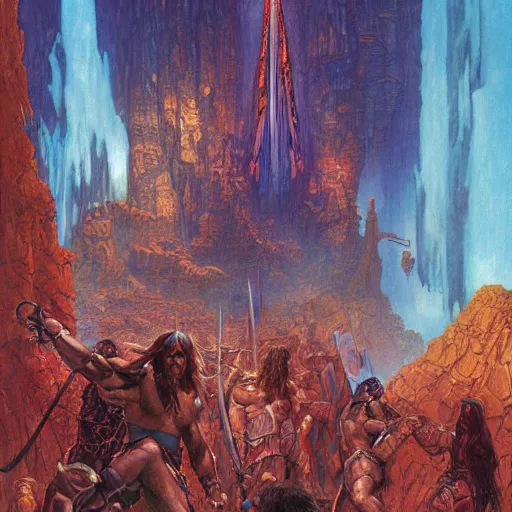 Prompt: conan the barbarian in modern day new york, bright colors, biotechnology, cave glowing stones, epic composition, donato giancola, tim hildebrandt, wayne barlow, bruce pennington, larry elmore