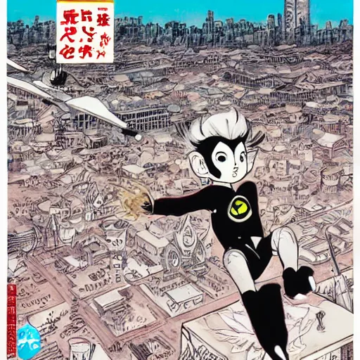 Image similar to award winning art of Astro Boy Demon nº625 Manga cover with an illustration of astroboy flying over a big messy matte painted city, bird eyes view of the city, full of japanese signs, Ashley wood oil painting, dynamic composition, printed on paper