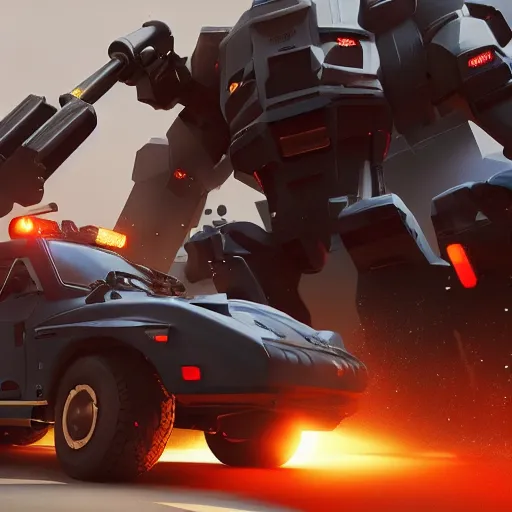 Image similar to Giant police mech fires rockets at fleeing sports car, color, cinematic lighting, highly detailed, octane render