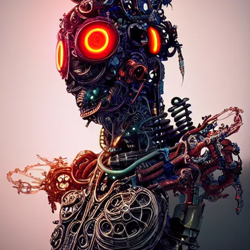 Prompt: A cybernetic necromancer constructed from ornate circuitry and tattered cloth, intricate artwork by Tooth Wu and beeple, greg rutkowski and artgerm and justin gerard, cinematic, hyper realism, high detail, octane render, unreal engine, 8k, Vibrant colors, Smooth gradients, High contrast, depth of field, aperture f2.8