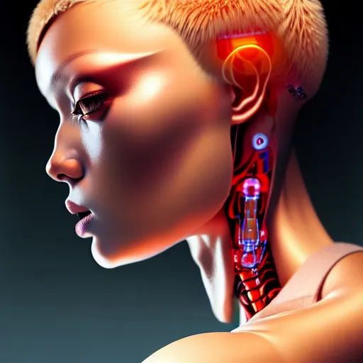 Image similar to a extremely detailed digital painting of a highly complex humanoid android woman with integrated cybernetic modifications, art by ilya kuvshinov, trending on cgsociety, computer art, ilya kuvshinov, artstation hd, artstation hq, photo realistic, hyperrealism, soft light, cinematography photo, ray tracing, unreal engine 5