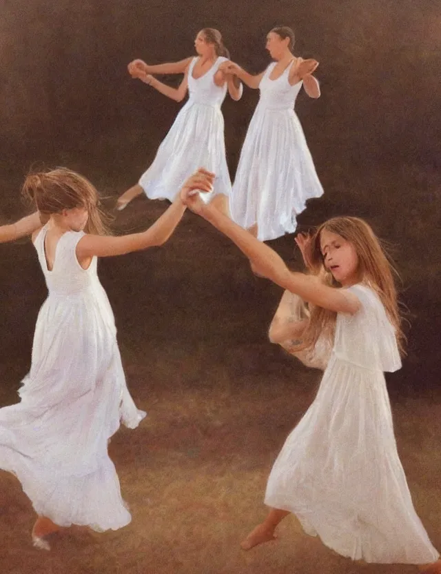 Prompt: Girls in a round dance, in white dresses, dancing in a circle, Cottage core, Cinematic focus, Polaroid photo, vintage, neutral colors, soft lights, foggy, by Steve Hanks, by Serov Valentin, by lisa yuskavage, by Andrei Tarkovsky, by Terrence Malick, 8k render, detailed, oil on canvas, High angle view, wide shot