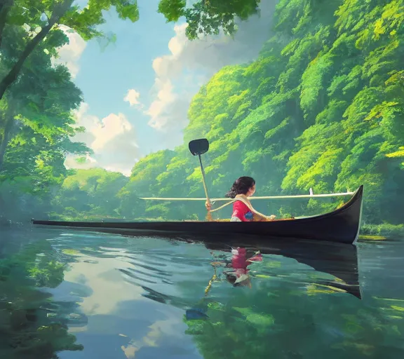 Image similar to a girl rowing a small rowboat, girl is focus, medium shot. Narrow river, close river bank, shady, forest, jungle, vines, trees, ripples, reflections. By Makoto Shinkai, Stanley Artgerm Lau, WLOP, Rossdraws, James Jean, Andrei Riabovitchev, Marc Simonetti, krenz cushart, Sakimichan, D&D trending on ArtStation, digital art.