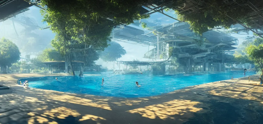 Image similar to view of a utopian solarpunk swimming complex, blue clear skies, waves, caustics, dappled light, cinematic lighting, ultra detailed, sharp, ambient occlusion, raytracing, 3 d artstation render by greg rutowski, finnian macmanus and jessica rossier