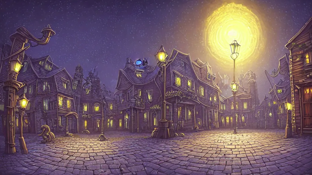 Image similar to empty lovecraftian town square surrounded by houses and inns. lovecraftian city at night by cyril rolando and naomi okubo and dan mumford and ricardo bofill. lovecraft. cobbled streets. oil lamp posts. lovecraftian statues. starry night sky. cthulhu.