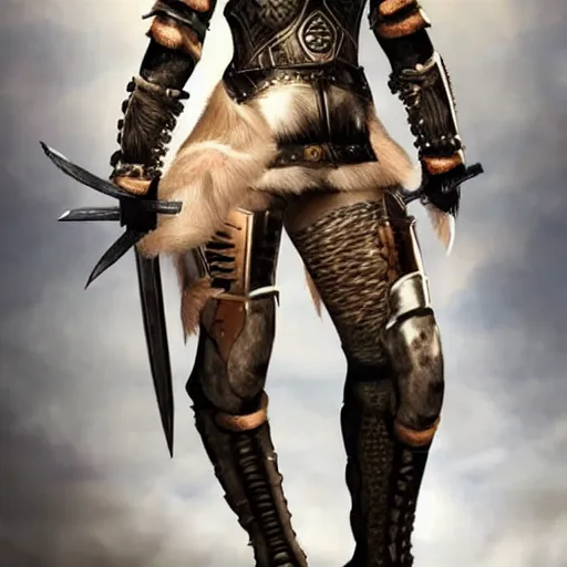 Image similar to beautiful blonde warrior girl with leather armor and wolf pelts, wolf heads, aggressive look, full body, photorealistic, soft lighting