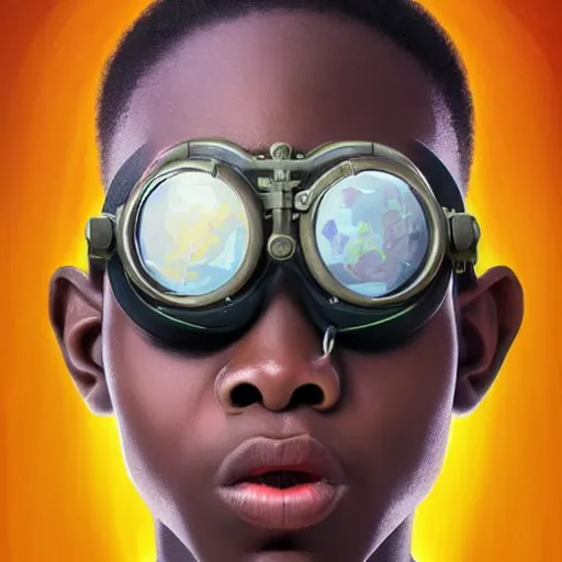 Image similar to colourful vfx upper half - portrait - art of a nigerian boy wearing steam punk goggles, art by utagawa kunisada & james jean, symmetrical, intricate detail, concept art, volumetric light, ray tracing, caricature, digital illustration, octane 3 d render, unreal engine, sharp, 8 k post process, pinterest, behance, art station,