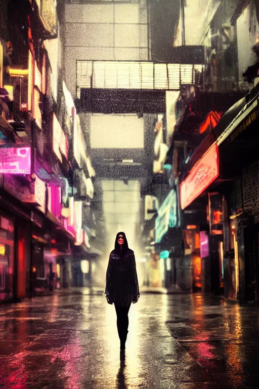 Image similar to a street level, low angle, photograph of a woman with robotic prosthetics in a clear, transparent raincoat, in a futuristic, blade runner city with heavy atmosphere. Volumetric light. Rainfall. Dystopic. Evening, neon lights. 8k. Filmic. Highly detailed. Octane render.