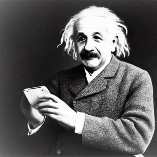 Image similar to a professional picture of albert einstein holding a phone