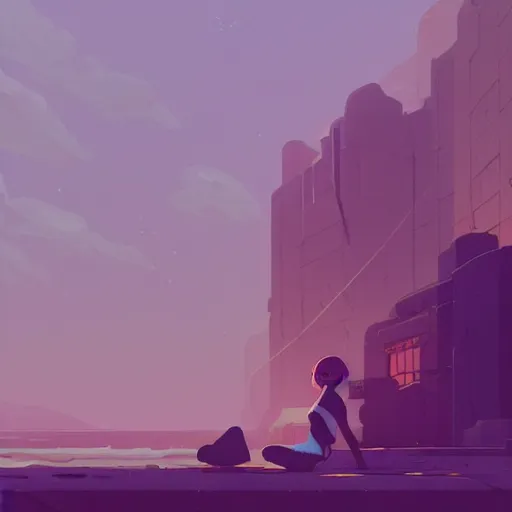 Image similar to a beach, highly detailed, by Atey Ghailan, by Loish, by Bryan Lee O'Malley, by Cliff Chiang, by Greg Rutkowski, inspired by image comics, inspired by graphic novel cover art, inspired by nier!! Gradient color scheme ((grafitti tag brick wall background)), trending on artstation