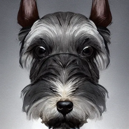 Image similar to portrait of stoic looking miniature schnauzer, military uniform, black fir, white eyebrows, fantasy, intricate, elegant, highly detailed, centered, dark, smokey, charcoal painting, digital painting, artstation, concept art, smooth, sharp focus, illustration, art by artgerm and greg rutkowski and alphonse mucha