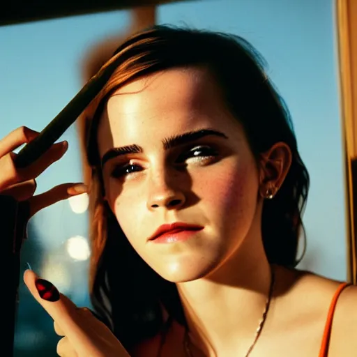 Prompt: Photograph of Emma Watson holding a joint by the window. Golden hour, dramatic lighting. Medium shot. CineStill
