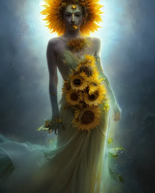 Image similar to Full View Portrait Mystical ethereal sunflower deity wearing beautiful dress, sunflower Dryad beautiful dress, 4k digital masterpiece by Greg Rutkowski and Ruan Jia and rossdraws, Alberto Seveso, fantasycore, Hyperdetailed, realistic oil on linen, soft lighting, Iconography background, featured on Artstation