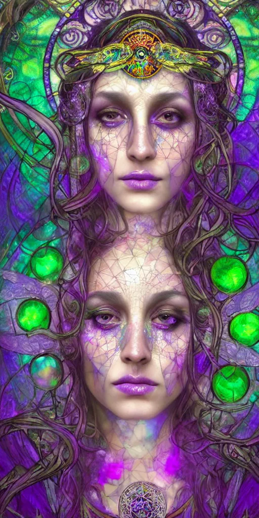 Prompt: fullview portrait of an ethereal gypsy woman crying with detailed eyes, glowing face, purple smoke, crystal ball, half moon, photorealistic, colorful dress, in the style of ruan jia and karol bak, holographic undertones, art nouveau, zodiac wheel stained glass forest, intricate, smooth, sharp focus, dramatic lighting, illustration, hdr, artgerm