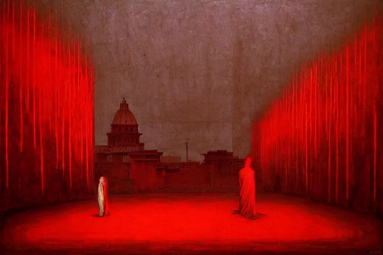 Image similar to only with red, caesar after war, a red tiger, in hoc signo vinces, rome in background, an ancient path, in the style of beksinski, part by hopper, part by rodcenko, part by hofbauer, intricate composition, red by caravaggio, insanely quality, highly detailed, masterpiece, red light, artstation