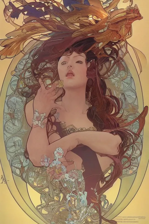 Image similar to swimming through time, by artgerm and moebius and alphonse mucha, hyperdetailed, dc comics, explosions in the sky, trending on artstation