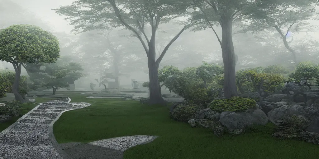 Image similar to i, a detailed Japanese yard in the morning mist with sunshine, 8k, high definition, trending on artstation