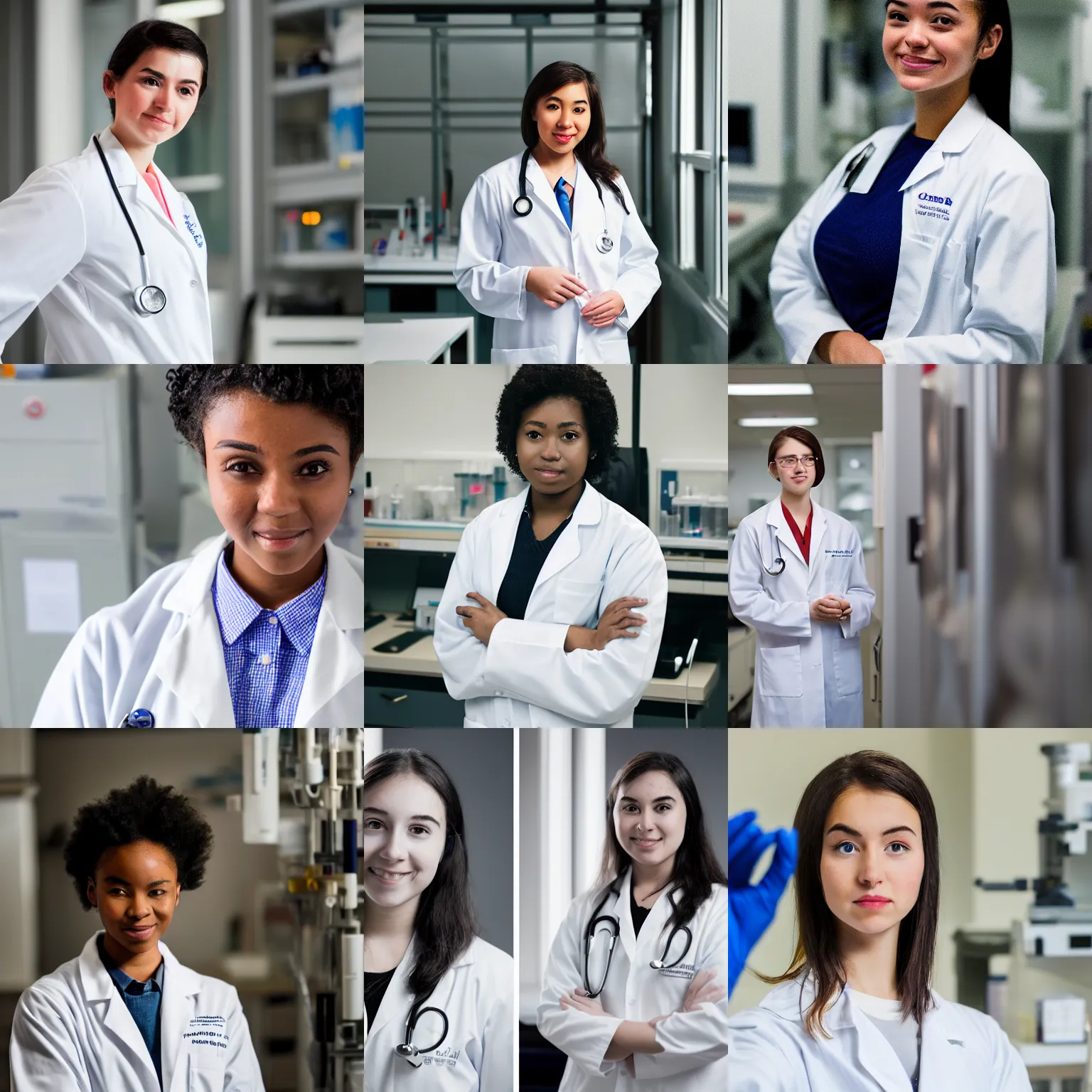 Prompt: a portrait photograph of shy, demure, petite 2 3 year old american medical school student, in lab coat, canon 8 5 mm f 1. 2 photograph